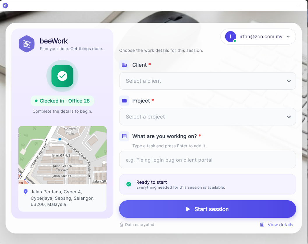 Main setup screen